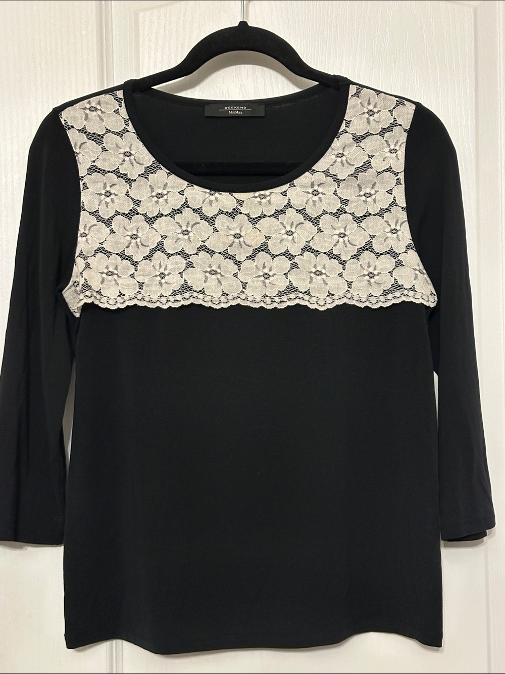 Weekend Max Mara black cotton top featuring a delicate white floral lace yoke